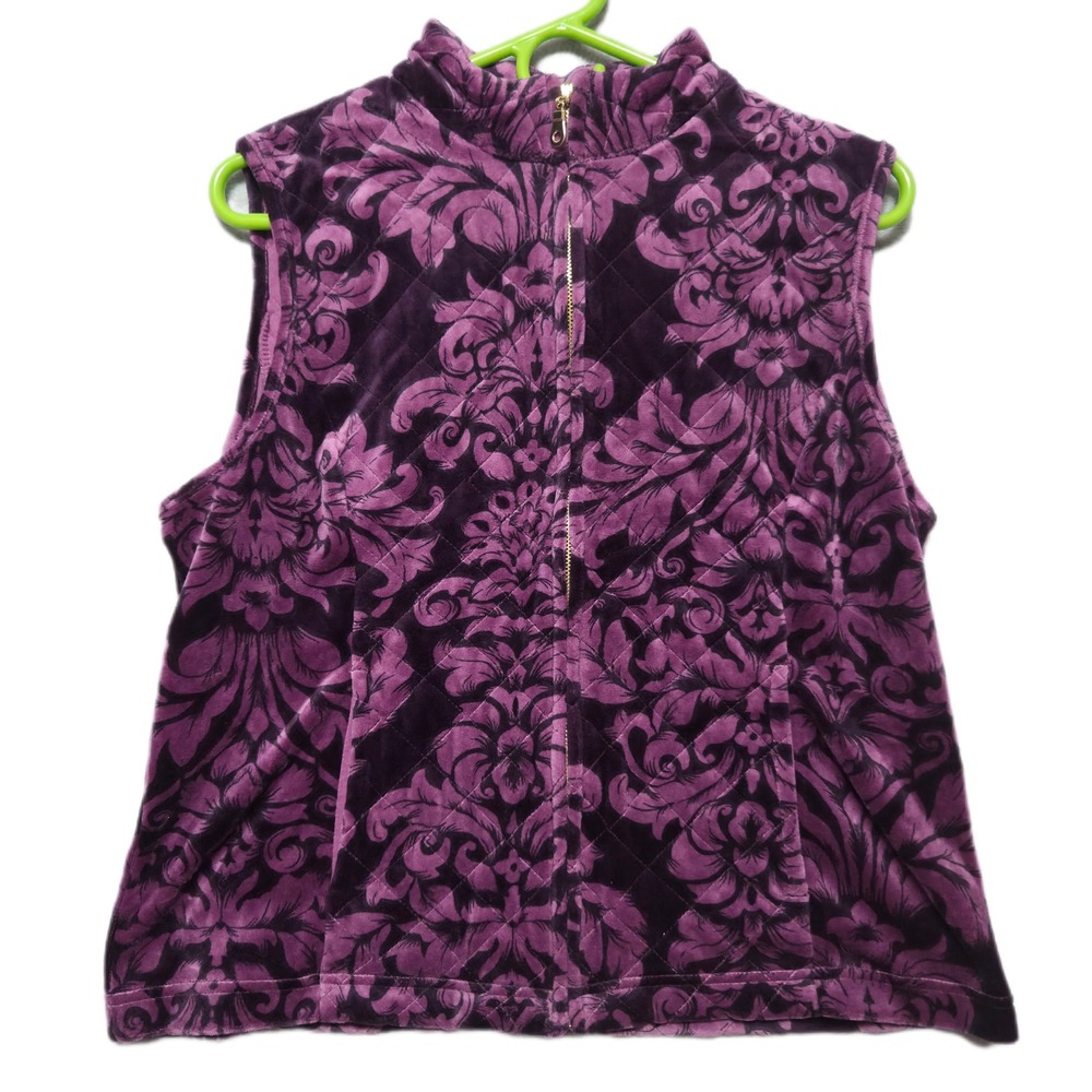 Charter Club Petite Large Purple Floral Quilted Velvet Vest Mock Neck Full Zip